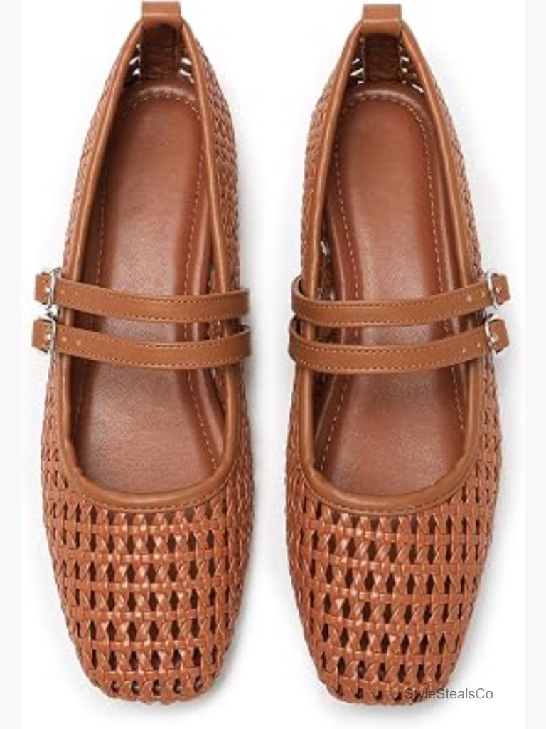 Woven Mesh Square Toe Mary Jane Flats Dual Adjustable Buckle Straps Cushioned